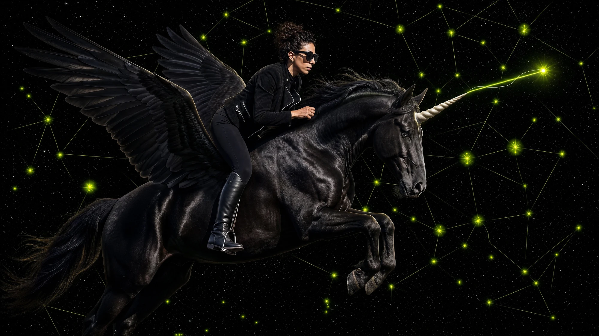 Sara El-Ayouby in black, riding a winged black unicorn through a night sky of glowing lime-green stars joined like a constellation